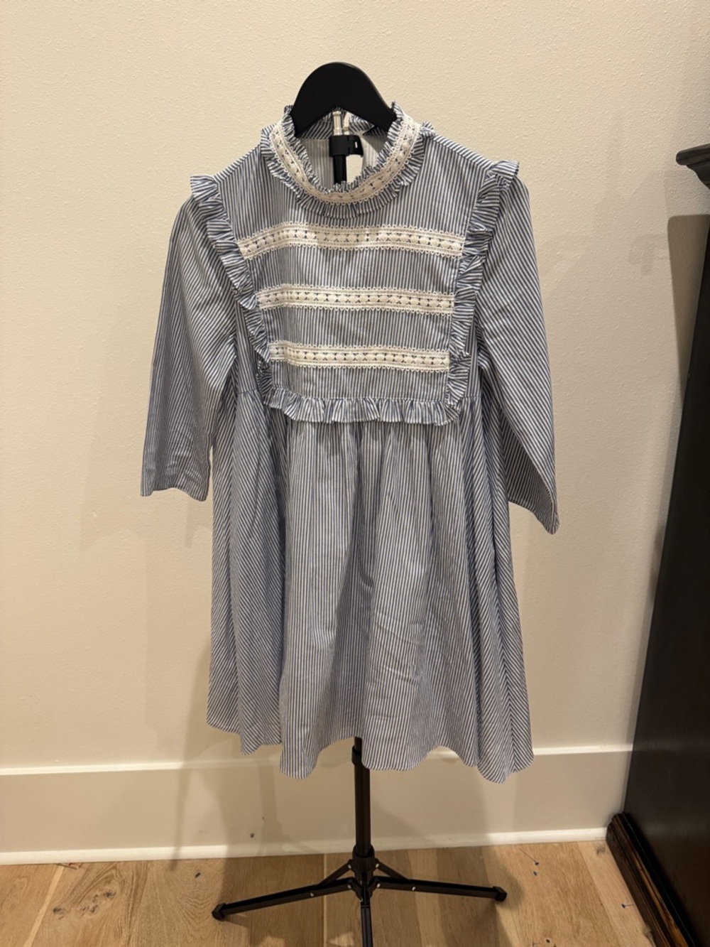 English Factory Blue & White Striped Ruffle Bib Dress